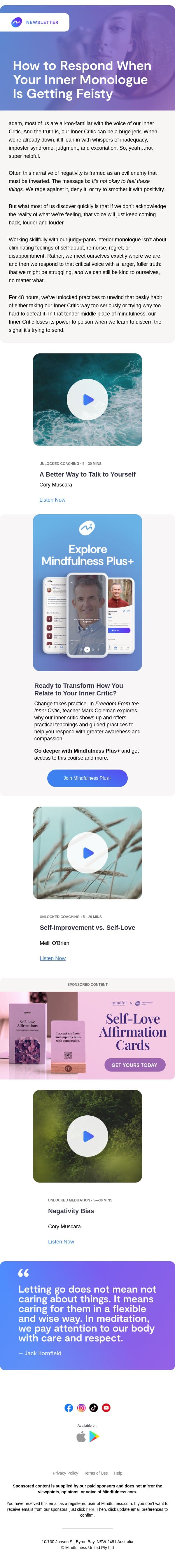 What If Your Inner Critic Isn’t an Enemy to Vanquish? 🤺 email from Mindful screenshot