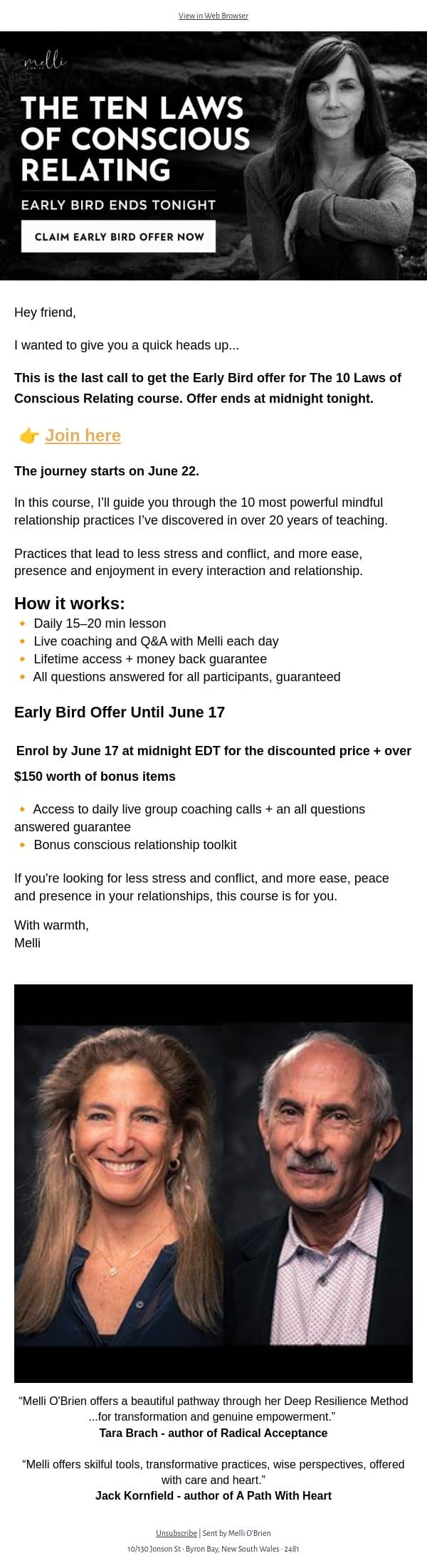 Last Call: The 10 Laws of Conscious Relating Early Bird email from Mindful screenshot