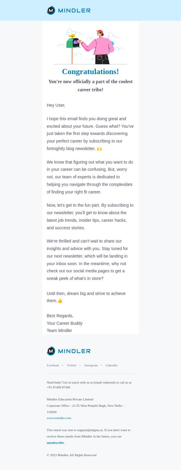 Woohoo! You're now officially a part of the coolest career tribe!🎉 email from Mindler screenshot