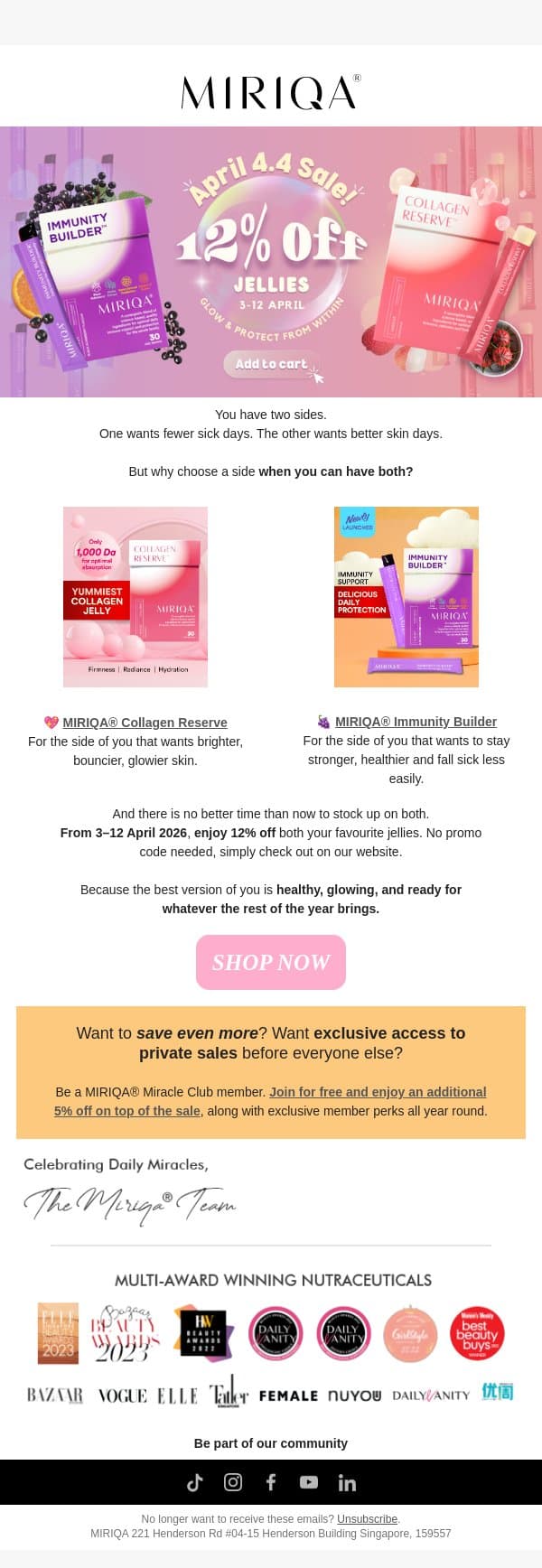 Stock Up & Save: 12% OFF Starts Now! email from Miriqa screenshot