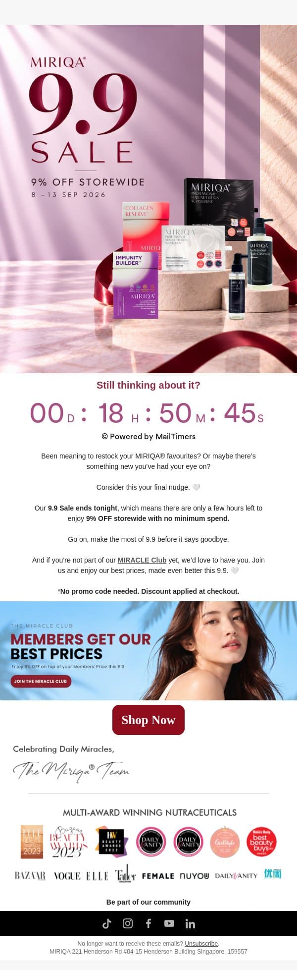 Still thinking about it? 👀 9.9 ends tonight ✨ email from Miriqa screenshot