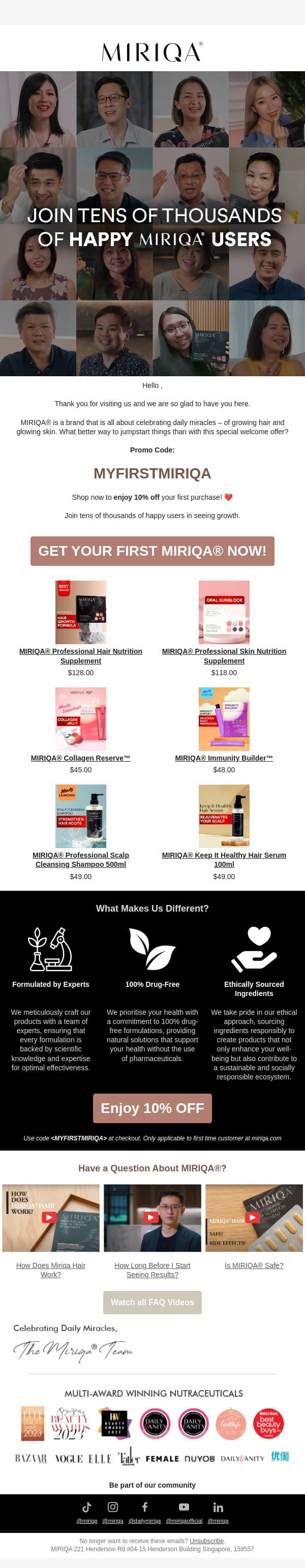 Welcome to MIRIQA®❤️ email from Miriqa screenshot