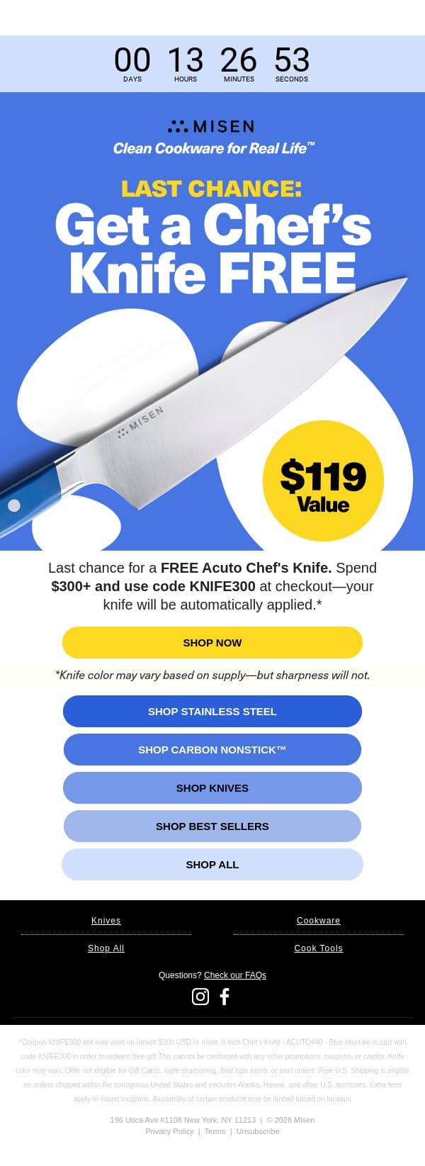 Last Call: Free $119 Chef’s Knife email from Misen screenshot
