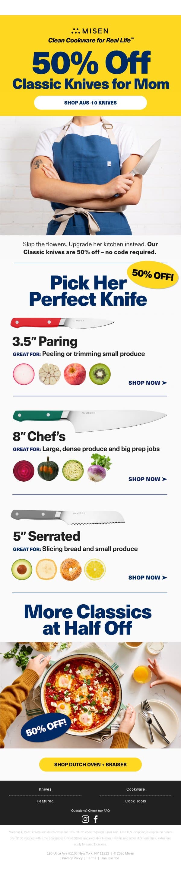 50% Off Dutch Ovens + Select Knives email from Misen screenshot
