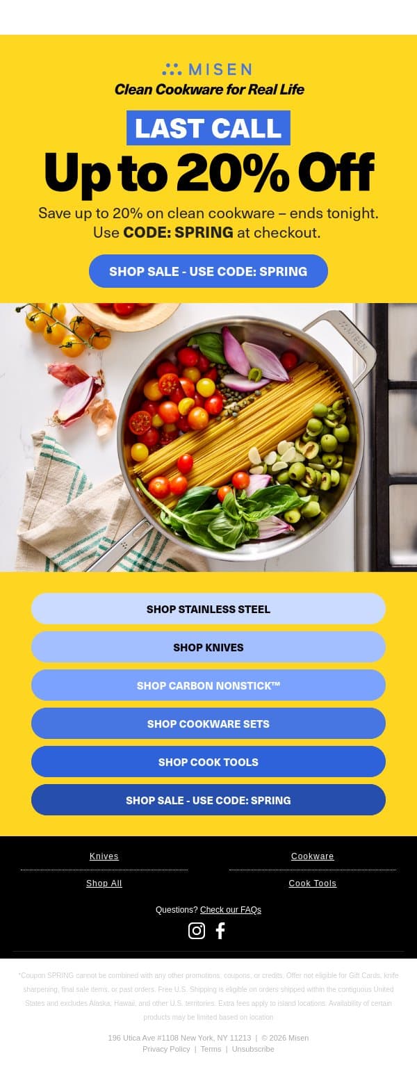 Last Call: Up to 20% Off Sitewide! email from Misen screenshot