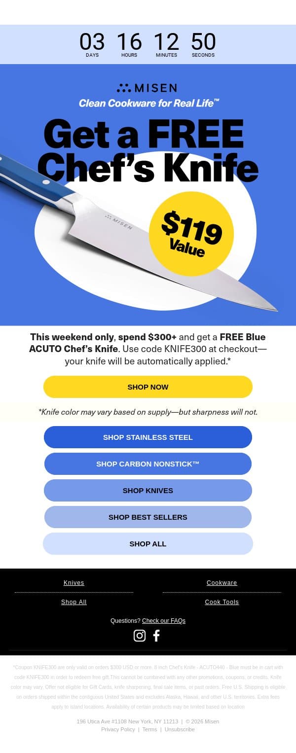 Free Chef’s Knife! This Weekend Only! email from Misen screenshot