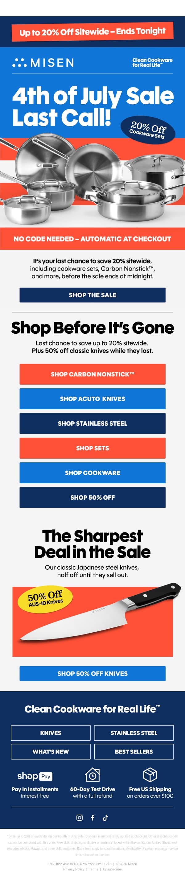 Up to 20% Off Ends at Midnight email from Misen screenshot