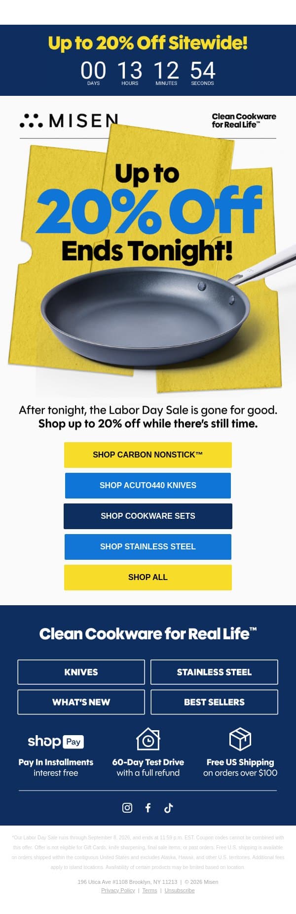 LAST CALL: Up to 20% Off Ends Tonight email from Misen screenshot