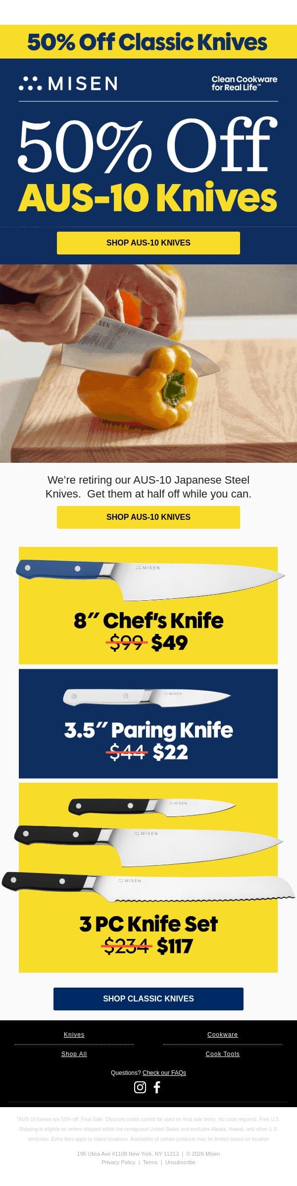 Grab Select Knives at 50% Off email from Misen screenshot