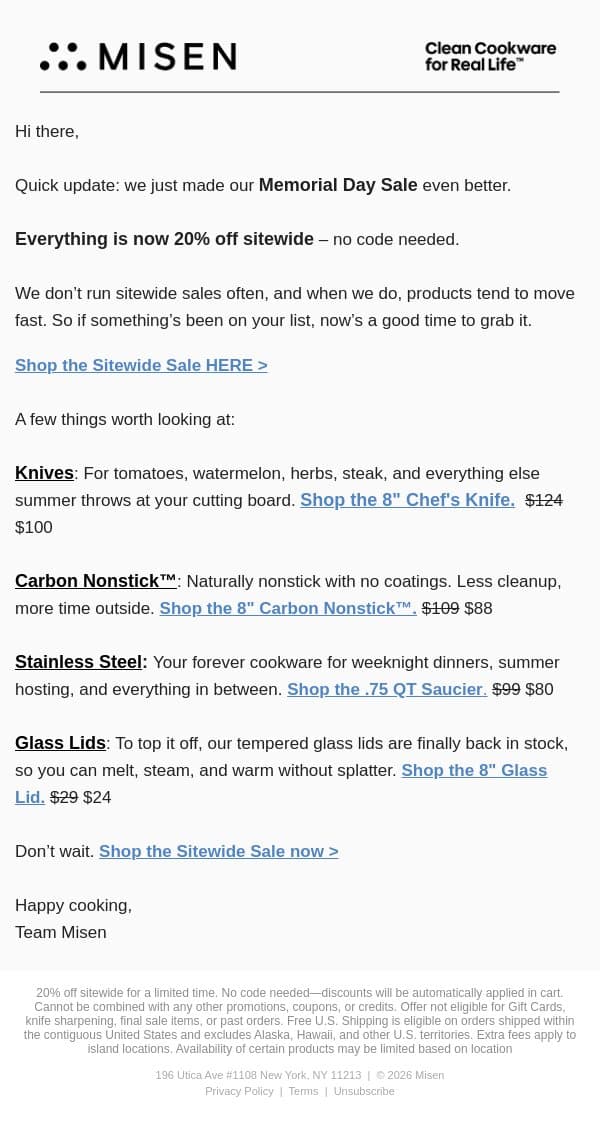 20% Off SITEWIDE - Surprise! email from Misen screenshot