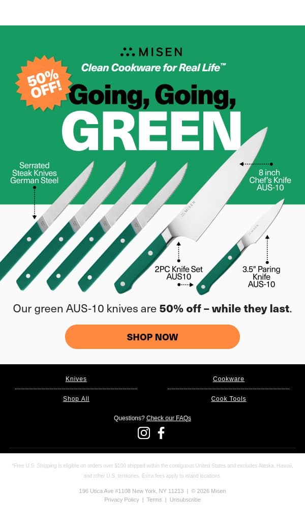 Lucky You: Green Knives, 50% Off email from Misen screenshot