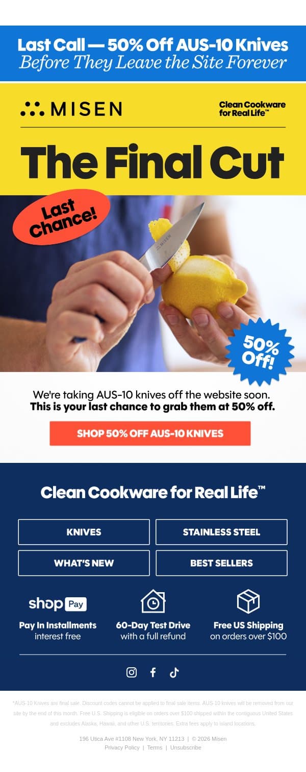 50% Off AUS-10 Knives - Ends Very Soon! email from Misen screenshot