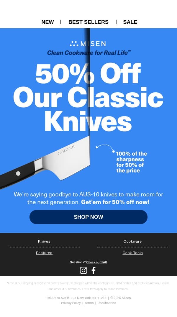 Our Classic Knives Are 50% Off email from Misen screenshot