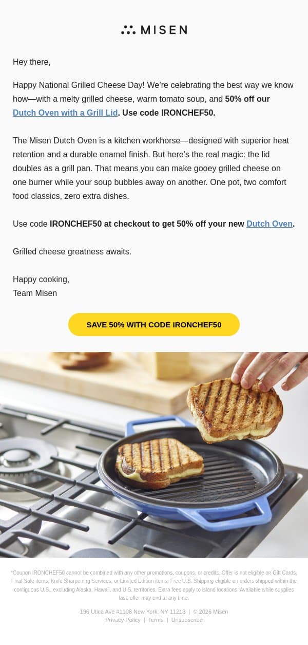 Celebrate National Grilled Cheese Day! 🧀 email from Misen screenshot