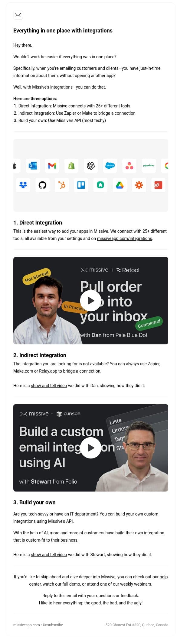How to use integrations email from Missive screenshot