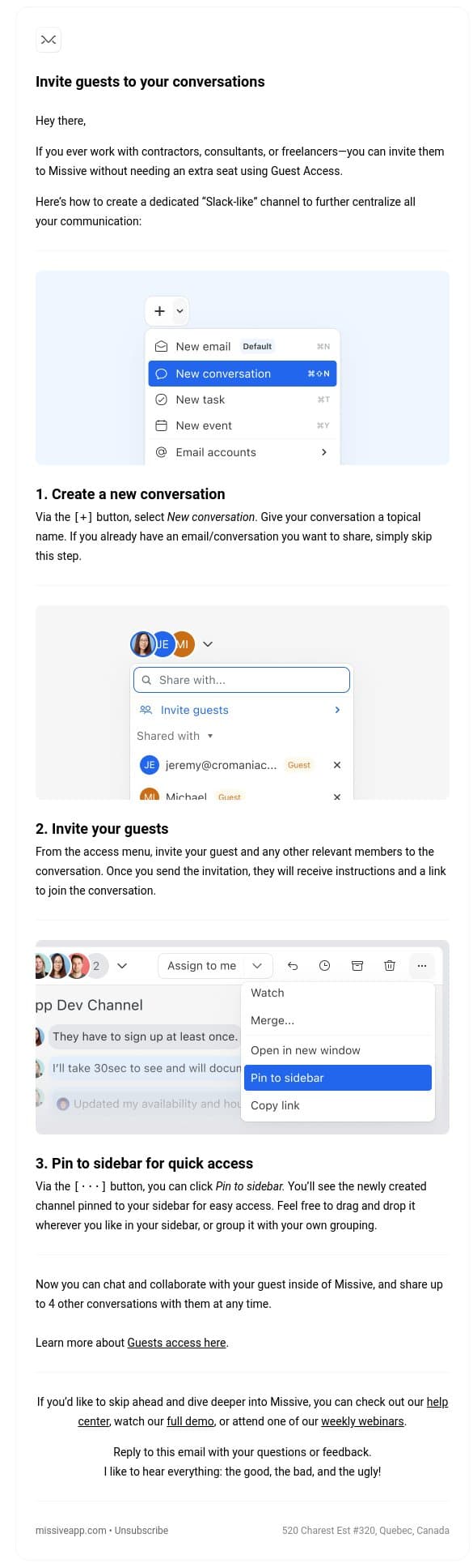 How to invite guests email from Missive screenshot