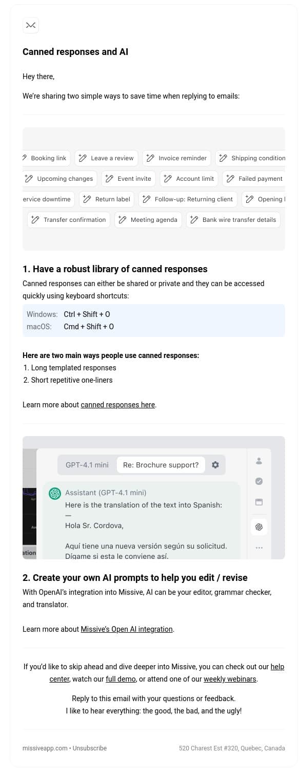 How to use canned responses and AI email from Missive screenshot