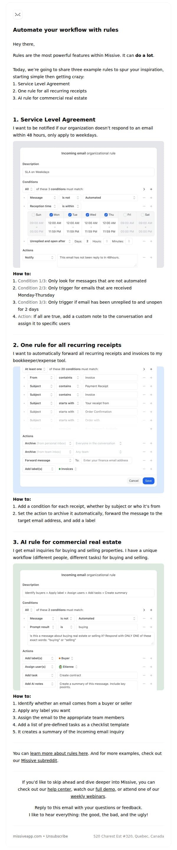 How to use rules email from Missive screenshot