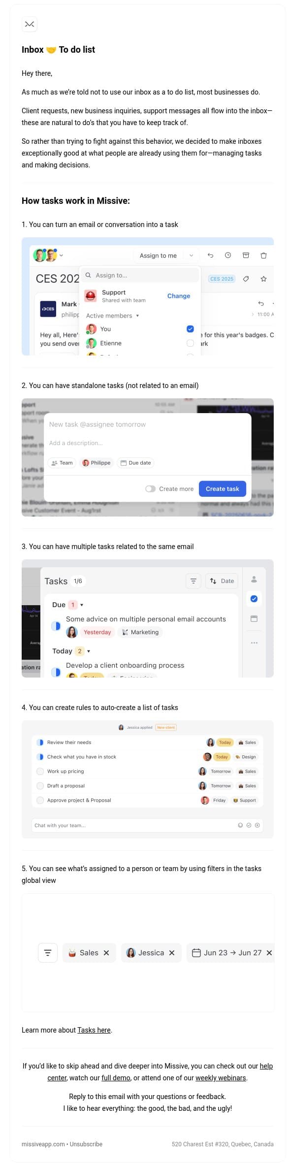 How to use tasks email from Missive screenshot
