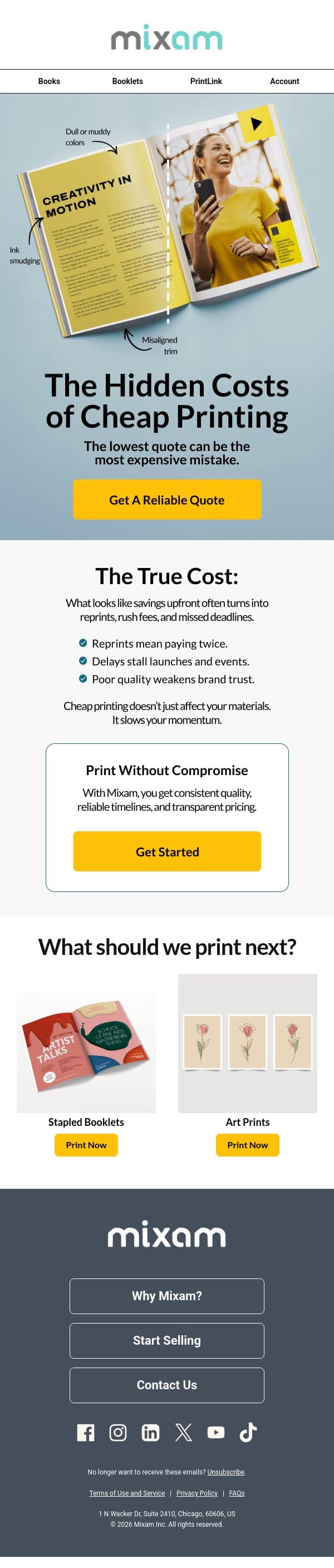 Cheap printing costs more than you think email from Mixam screenshot