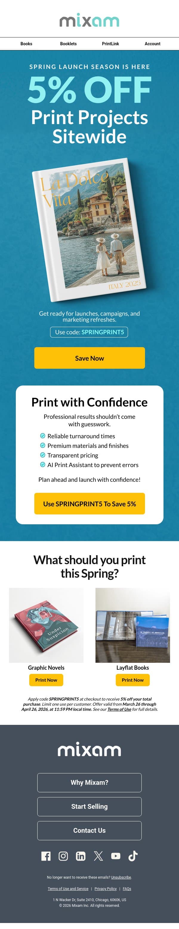Spring Launch Season: 5% Off Sitewide email from Mixam screenshot