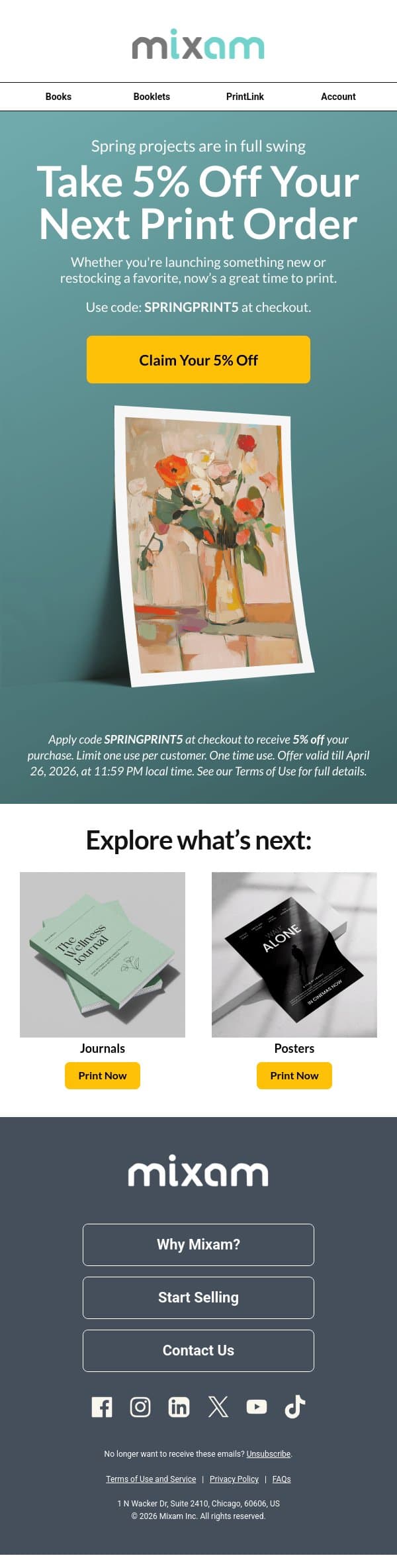 Save 5% sitewide email from Mixam screenshot