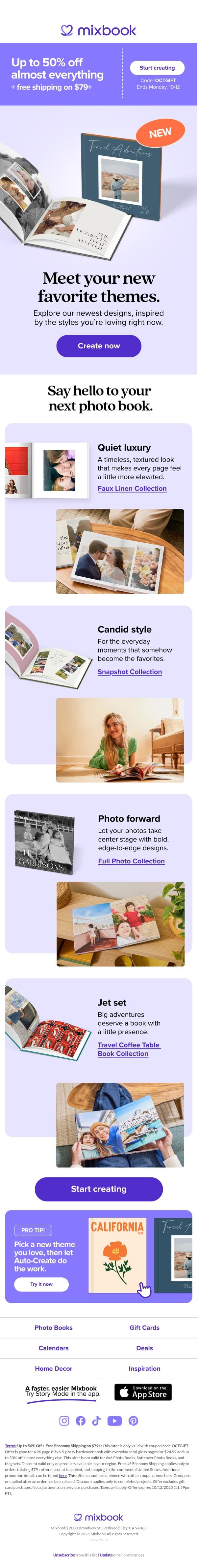 New themes just dropped. email from Mixbook screenshot