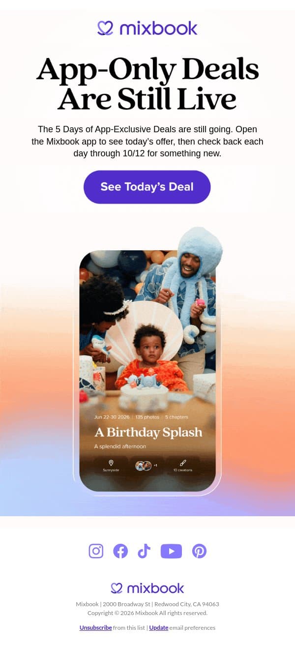 App-Only Deals Are Still Live email from Mixbook screenshot