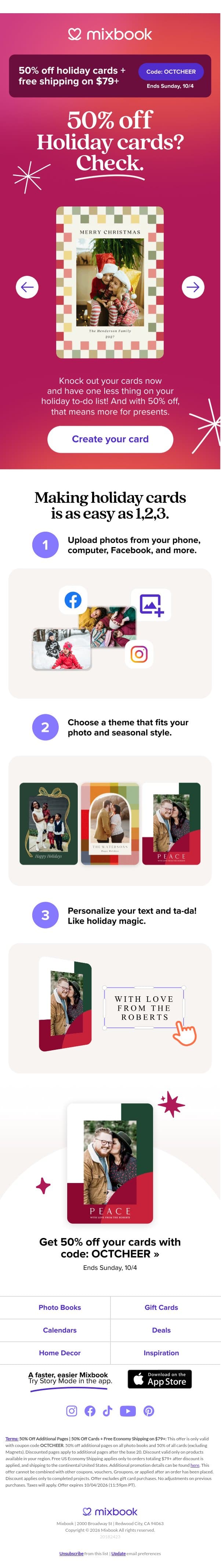 Beat the rush & save 50% on holiday cards. email from Mixbook screenshot