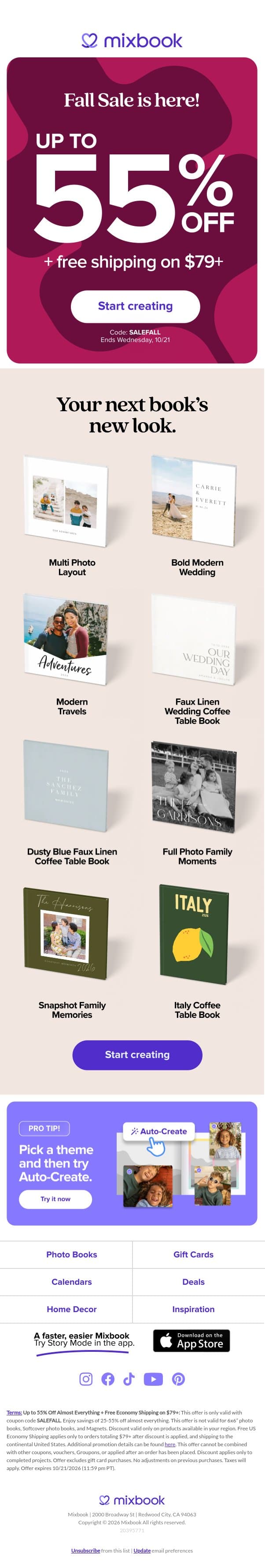 Pile on the savings. Fall Sale is here! email from Mixbook screenshot