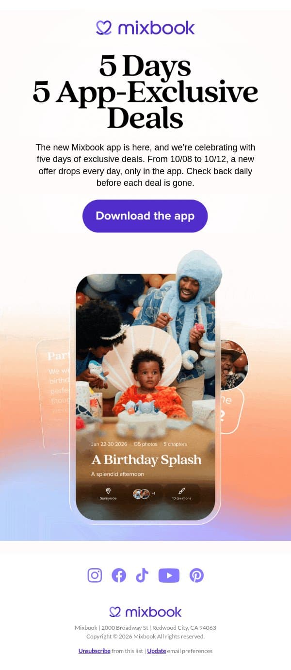 5 Days. 5 App-Exclusive Deals. email from Mixbook screenshot
