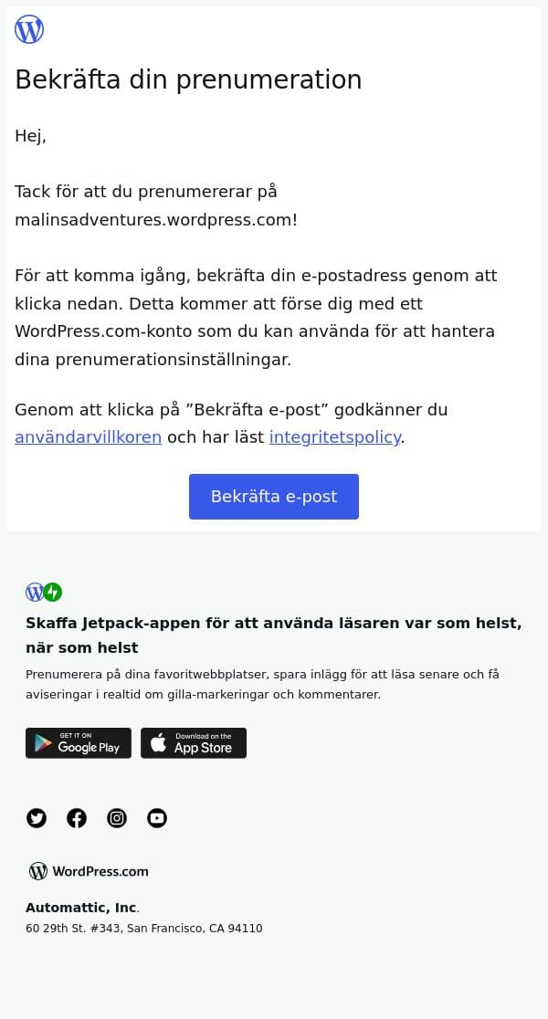 Bekräfta din prenumeration email from MJ's screenshot