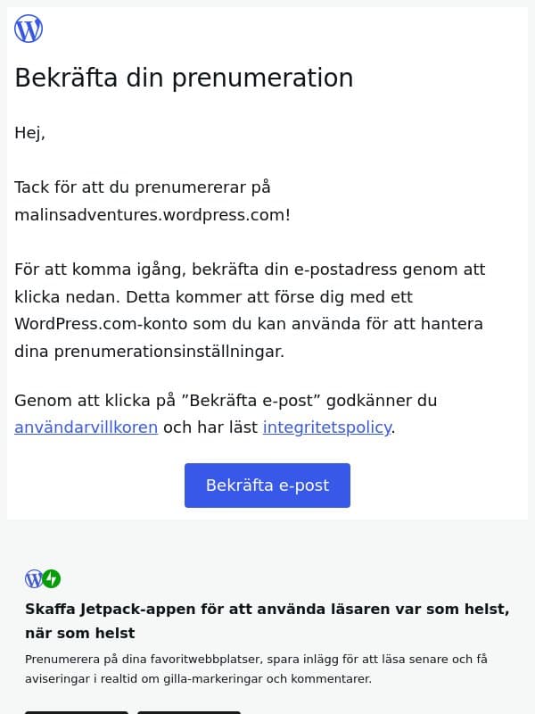 Bekräfta din prenumeration email from MJ's
