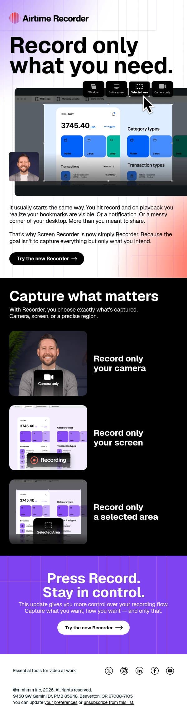 New: Capture (only) what you want. email from mmhmm screenshot