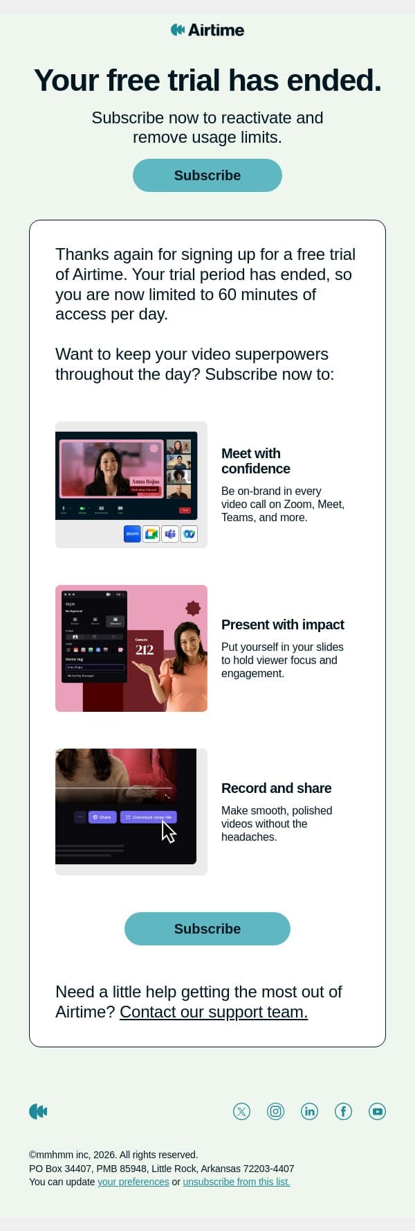 Free trial has ended—Airtime downgraded email from mmhmm screenshot