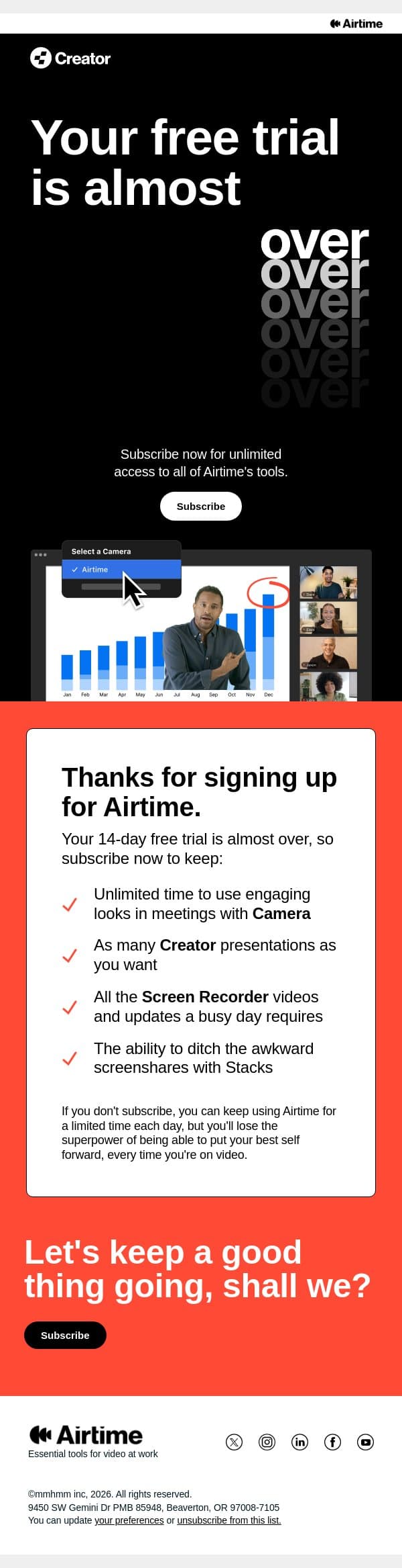 Your Airtime trial is ending soon email from mmhmm screenshot