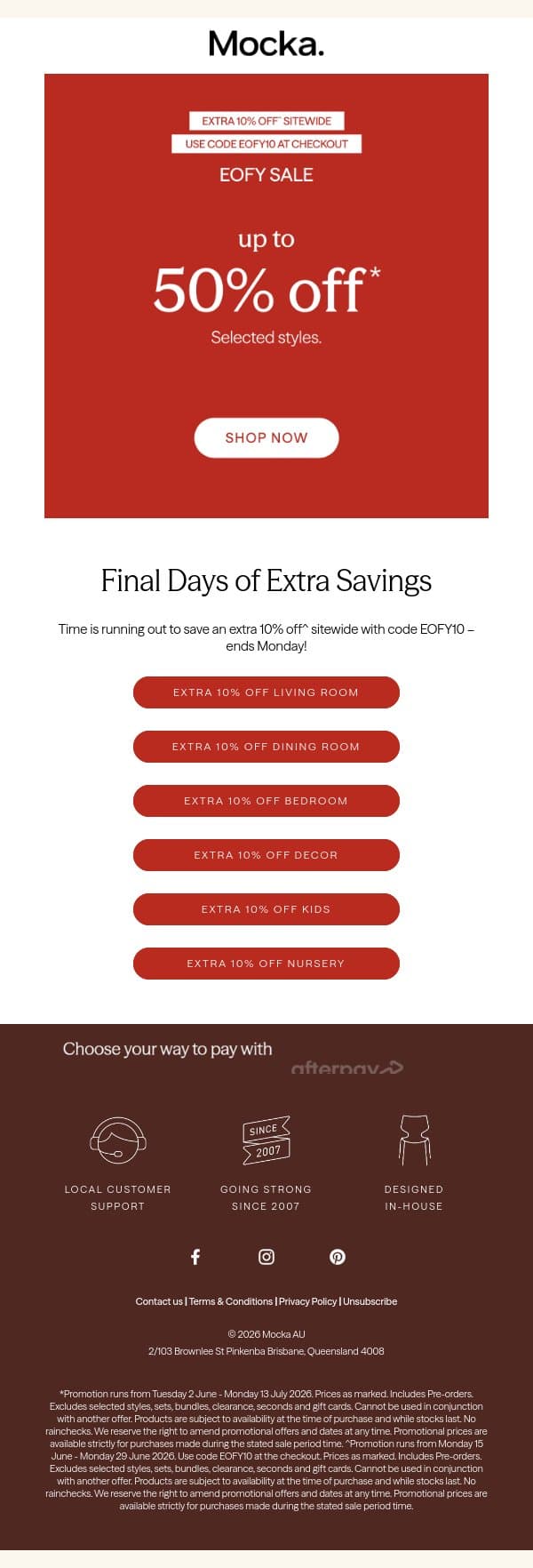 Final Days: Extra 10% Off^ Sitewide ends Monday! email from Mocka screenshot