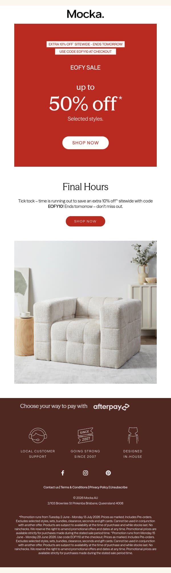 Ends Tomorrow: Extra 10% Off^ Sitewide! email from Mocka screenshot