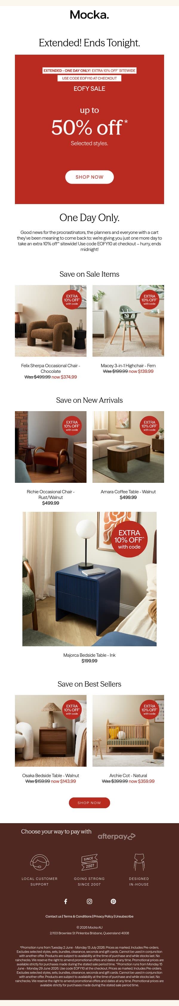 EXTENDED for One Day Only: Extra 10% Off^ Sitewide! email from Mocka screenshot
