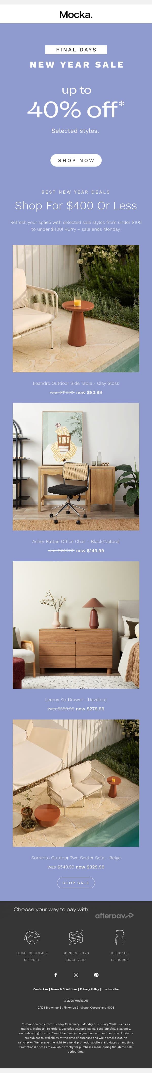 Final Days of Up to 40% Off* email from Mocka screenshot