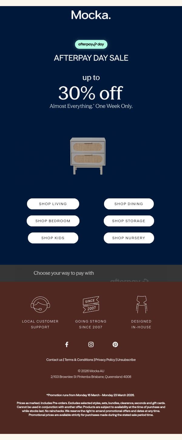 Up to 30% Off* Almost Everything – Afterpay Day Has Landed! email from Mocka screenshot