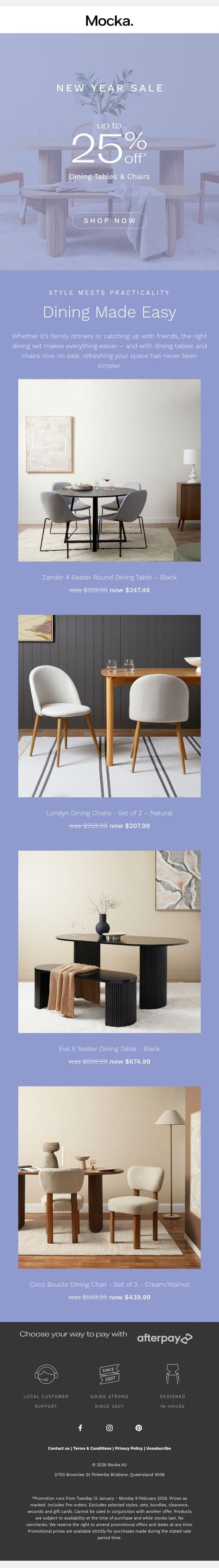 Dining Room Refresh: Sale Styles up to 25% Off* email from Mocka screenshot