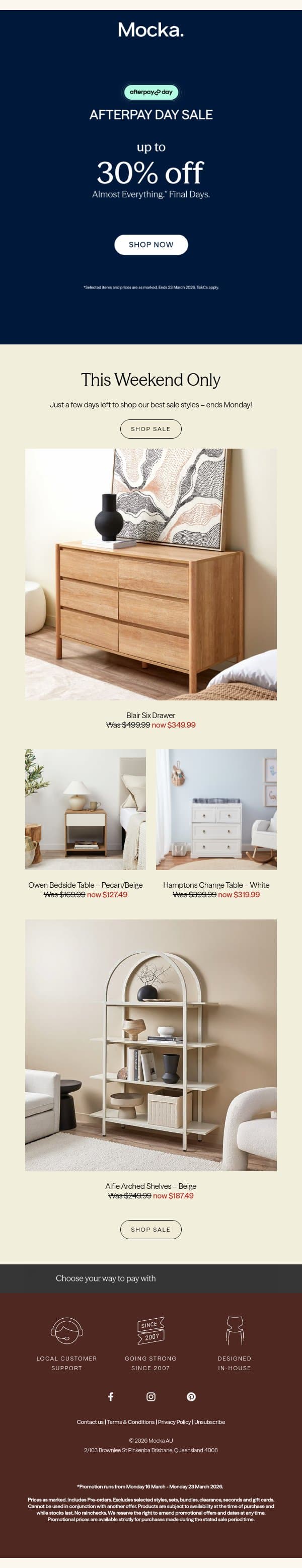 Afterpay Day Sale Final Days: Ends Monday. email from Mocka screenshot