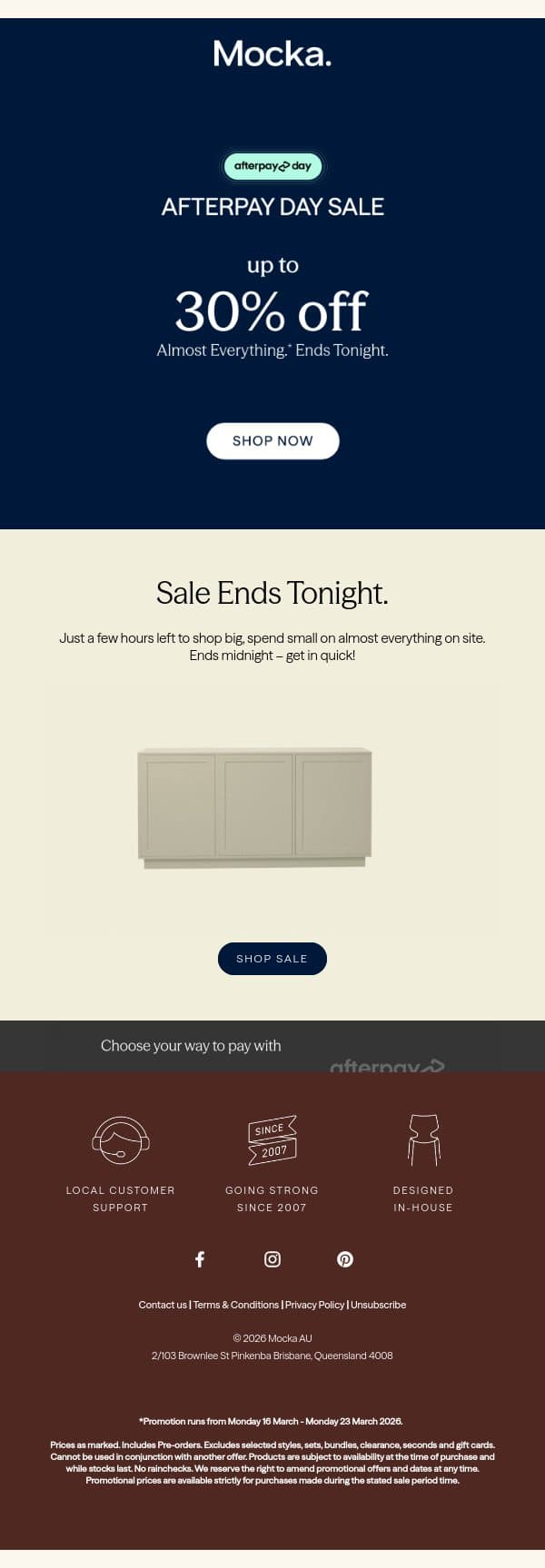 Final Hours: Afterpay Sale Ends Tonight! email from Mocka screenshot