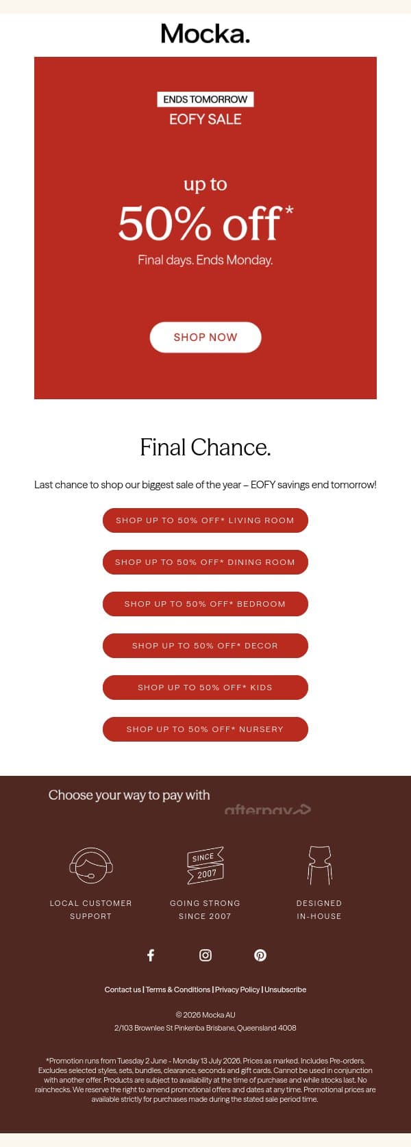 LAST CHANCE: Up to 50% Off* Ends Tomorrow! email from Mocka screenshot