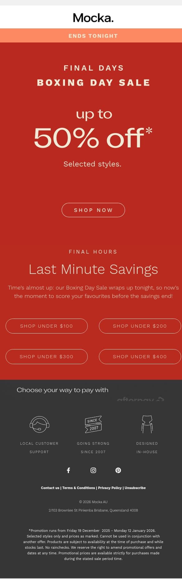 ENDS TONIGHT: Up to 50% Off* Selected Styles email from Mocka screenshot