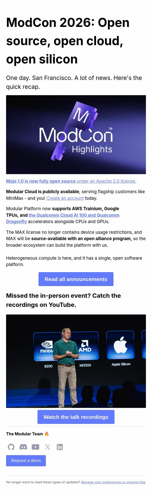Everything we announced at ModCon 2026 email from Modular screenshot