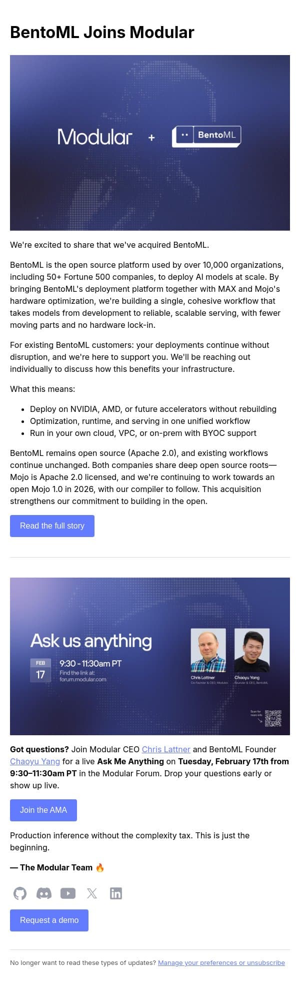 BentoML is joining Modular 🤝 email from Modular screenshot