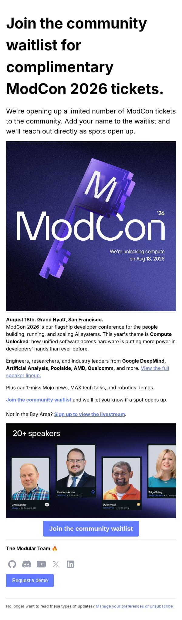 Join the waitlist for complimentary ModCon 2026 tickets email from Modular screenshot