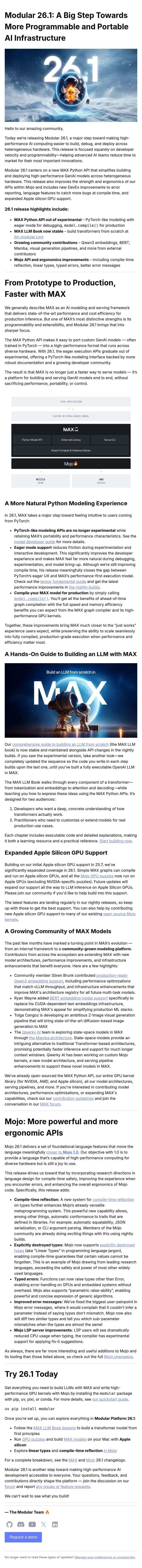 Modular 26.1: A Big Step Towards More Programmable and Portable AI Infrastructure email from Modular screenshot